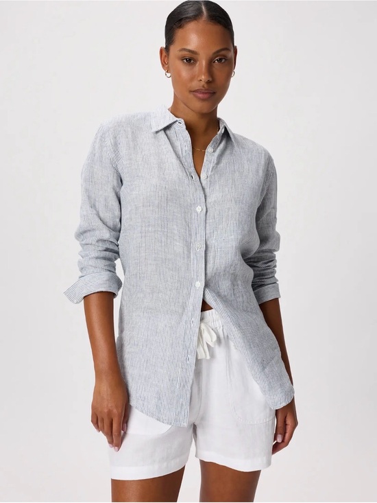 Quince Tops - Quince - 100% European Linen Long Sleeve Shirt in Blue Pinstripe